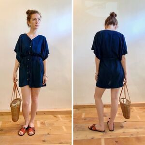 Osei Duro Toss Kimono Dress Indigo Blue Womens S Mini Drawstring Coastal Boho